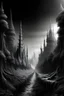 Placeholder: dark fantasy, spiky growth, forest road to gothic city, black and white
