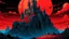 Placeholder: Render in vibrant comic style: a towering castle perched atop windswept cliffs, its jagged stone figure bathed in the cinematic crimson glow of a giant, imposing red harvest moon. Stars prickle the indigo sky, flickering witnesses as sinister shadows creep and coil through cobbled corridors and open arches. Integrating ominous undertones and dramatic contrasts, embody the castle's majestic allure and haunting mystery.