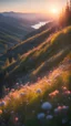 Placeholder: Sunset, hillside full of wildflowers, rich detail, light, light and shadow effects, light chasing, focus spotlight, gradient, vista, HD, river, mountain, forest, sunset, snowy mountain, 8K Ultra High Resolution Beautiful, High Detail, Wonderful Views, High Quality, High Resolution, High Stereoscopic Visual, Surreal, Crisp Quality