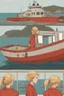 Placeholder: 23 years old girl, with blond hair and a messy bun like selah sue. standing on in a red boat, wearing red clothes and holding binoculars watching something in the middle of the sea. You see the whole boat. You see the gril in front. It's a ferry. Wes anderson style. In front. Sarcastic vibe. Old school interior. she stands in the kitchen of the boat