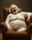 Placeholder: a chubby decrepit realistic male mummy, blonde hair, leaned over in a brown chair, mouth open