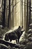 Placeholder: Wolf lurking through a forest. dynamic light, illustration