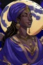 Placeholder: an anime drawing of an 40 year old black woman. she had dark hair in braids and a royal headdress. she is wearing a purple moon-themed african gown