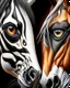 Placeholder: Horse vision symmetrical eyes symmetrical ear symmetrical frontal view full body ink art colours orange cream white and black hyper-detailed realistic 8k