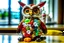 Placeholder: Owl nurse in nurse costume made of tyffany glass and gemstones spreading pills, she is wearing necklaces made of medicines in a hospital room in sunshine