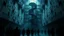 Placeholder: Many Stairs between walls and buildings in empty prison, a big vertical spiral massive staircasel, the end of which cannot be seen, underneath many black human silhouette, dark blue and gray colors, cold, grim vibe, high detailed, surreal, dark vibe, cinematic
