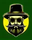 Placeholder: logo for the swearing craftsman, vector 3 colours, khaki green, latino, black beard, subtle smile, sunglasses, feather hat, tribal, slim gentleman,