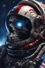 Placeholder: A close up of a skeleton face in an astronaut helmet and suit floating in space. inside the hollow eyes are red shining lights, scary. On his suit is an American flag and in his one hand is a small wavering American hand flag. From the back of his suit is blowing out blue, white and red smoke. Realistic, 8k, highly detailed, funny