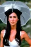 Placeholder: Beautiful 25 year-old Jennifer Connelly standing outside in a rain shower with no rain-coat, umbrella, or hat, with her head tilted up to the sky, her tongue sticking out and catching raindrops