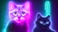 Placeholder: black cat sitting on an office chair, dark room with neon violet lights, realistic