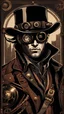 Placeholder: STEAMPUNK COWBOY WITH HAT COVERING HALF FACE IN DARK STEAMPUNK CITY