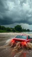 Placeholder: A car in rage flooding river with severe rain and cloudy sky with thunderstorms