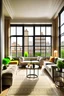 Placeholder: design fusion interior flat view inside with big french window and some aesthetic furniture to Manhattan