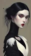 Placeholder: painting by koson ohara and marta bevacqua, portrait of a beautiful goth woman with black hair have a crow as a pet, wearing a black dress, 8k, high quality, highly detailed full body