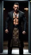 Placeholder: Jason David Frank as a Very muscular alpha male with short hair and tribal tattoo and piercings. Wearing a black designer suit , standing in a doorway. dark fantasy, hyperrealistic