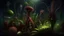 Placeholder: garden of hybrid carnivorous plants competing for prey, giant sundews with sticky tentacles intertwining, underwater utricularias lurking in dark pools, toxic steam rising from their digestive traps, fluorescent insects fluttering hypnotized, dark jungle fantasy style
