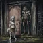 Placeholder: fantasy digital art of young female anthro wolf in gray hairy wolf body and wears just a short canvas rag around her waist , sadly crying face stands in the rain front the door, behind her an tall anthro dark hairy wolf man standing behind in rustic halb open door in an massive wooden house, deep colors, rainy day, detailed, anthropomorphic creatures, fantasy, sci-fi mood