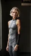 Placeholder: photography of a beautiful anorexic woman, grey satin triathlon top, sports illustrated, blond short wavy bob haircut, pronounced sternum, flat chest, anthracite cycling leggins