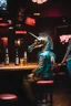 Placeholder: photo of a seahorse dressed bosozoku outfit sitting at a table in a bar with a bar stools, bottle beer, award winning photography, Elke vogelsang, bosozoku outfit, award winner photo, best composition