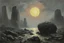 Placeholder: Grey sky with one exoplanet in the horizon, rocks, mountains, 80's sci-fi movies influence, friedrich eckenfelder and rodolphe wytsman impressionism paintings