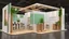 Placeholder: Corner exhibition stand in light colors with wood elements and greenery with two meeting areas