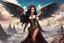 Placeholder: exotic sci-fi steampunk pin-up girl, with long dark hair and wings, on an alien planet with cloud trees, tall spires, buildings, bridges, arches