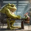 Placeholder: a big fat yellow-green anthropomorphic frog in human cloths sitting on a massive metal chair at the wooden table, talking with opposite sits on a less chair pale brown little mutant anthropomorphic frog with a round head, big round eyes and little pig ears on his head and wearing work clothes and looking the frog, in background blur empty assembly workshop, hangar, pale light, high detalied, high realistic, professional photo, sci-fi mood, fantasy style, digital art