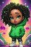 Placeholder: Create an colorful psychedelic comic book illustration of a chibi cartoon black female thick curvy wearing a cut of green hoodie and white jeans and timberland boots. Prominent make up with long lashes and hazel eyes. Highly detailed shiny sister locs. Background of a large bubbles all around her