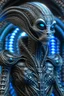 Placeholder: A beautiful alien with big eyes and small nose and mouth wearing a bioluminescense light blir zafír wearing biomechanical amalgamation style leather jacket dress ribbed with silver floral metallic filigree biomechanical vantablack pattern, organic bio spinal ribbed detail of gothic winter backround extremely detailed maximalist hyperrealistic portrait art