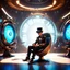 Placeholder: In a futuristic room, designed in a Pixar Disney style, a cool guy is sitting on a chair. The floor has a subtle shadow, adding depth to the image. The chair is placed at the center of the room, and the guy is dressed in stylish Steampunk fashion, including a fancy hat. The entire picture exudes a creative and entertaining atmosphere, typical of Pixar Disney's style.