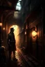 Placeholder: man in dark clothing, hiding around a corner., looking out on a brightly lit steampunk street