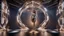 Placeholder: a 16 by 9 picture of 3d fractal stage structre made of metallic color 3d recursive structures, pertty artistc background,dynamic animating lights,a beautiful lady in pretty maxi skirt and blouse dancing on stage
