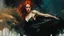 Placeholder: muscular russian woman 28yo with red hair, on a pinup poster : dark mysterious esoteric atmosphere :: digital matt painting with rough paint strokes by Jeremy Mann + Carne Griffiths + Leonid Afremov, black canvas