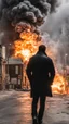 Placeholder: Man in a black jacket, back to the camera, looking down a street, watching an explosion of fire and lights in front of him.