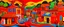 Placeholder: An orangish red village with a fiery dragon palace designed in Australian aboriginal art painted by Stuart Davis