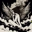 Placeholder: woman sitting forward Her face upward and blows cigarette smoke from their mouth upward. a figure with wings emerging from its back. behind the clouds of smoke look death. dark and mysterious