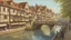 Placeholder: medieval buildings, balconies overhanging a river, blue sky and people, photorealism, trees, foliage, piers,