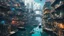 Placeholder: Water-level view of buildings on a canal, made of metal, cyberpunk, many painted colours, floating and flying boats, balconies, bridges, people, shopping, eating, walking, fifth element, ghost in the shell, altered carbon