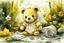 Placeholder: close-up of a cute chibi teddy bear packing piles of white clothes in the forest, laundry machine, grass and flowers next to him, melting watercolour and black ink outlines on wet paper, photorealistic, golden glitters S<AI in sunshine, ethereal, cinematic postprocessing