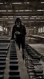 Placeholder: a person with a gas mask in an abandoned big massive factory, playing with a modular synth piano