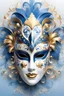 Placeholder: Generate an illustration of a festive carnival porcelain white blue gold mask , the joyful atmosphere over a misty Venice background.