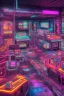 Placeholder: A dark photo of a full panoramic view an 80's aesthetics arcade at night, with a lot of functioning arcade machines, a vaporwave floor and some colorful tiles in between the floor. Purple aesthetics. Full panoramic view