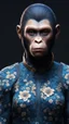 Placeholder: mugshot, Planet of the Apes, blue, large, floral designs, atmospheric, beautiful, China Doll, , dark background, mid shot, full body, neutral expression, buzzcut hair, ultra realistic, highres, superb, 8k wallpaper, extremely detailed, intricate, limited palette,