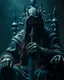 Placeholder: Epic Cinematic Realistic The horrific creepy dark without face just red eyes lighting of the Witch King veil,hooded and rotting infested with maggots,sitting his throne viewers arrogant pose ,king sword engrave