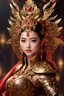 Placeholder: Realistic photography,front_view, Beautiful Queen fairy super model Chinese Woman, brown hair,dressing luxury party gown,looking at viewer,traditional dress ornaments mechanical armor china traditional, intricate armor, delicate golden shine bright, black metalic parts, detailed part, jewelry diamonds,dynamic pose,abstrac background, dynamic lighting, red hour, full body portrait