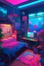 Placeholder: a drawing of the girl's room is adorned with neon and light up posters, in the style of anime aesthetic, webcam photography, studyblr, ultra detailed, trenchcore, use of screen tones