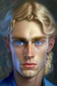 Placeholder: portrait of a young half-elf around 25 years old, light hair, blue eyes, greedy face, stern gaze