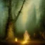 Placeholder: romantic painting, william Turner, watercolor, dark robed poet in magical forest