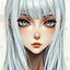 Placeholder: a close-up headshot of a shy young woman with long white hair, silver eyes with long lashes, slim delicate build, sickly complexion, soft brushy anime style, intricately detailed, splotchy watercolor background