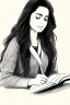 Placeholder: Pencil sketch of Young woman, Arab features,sad, long wavy hair, reading a book, full body، on lined paper